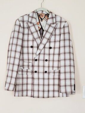 New Cigar Couture Men's Size L Beige Brown Plaid Sport Coat Blazer Cotton Linen